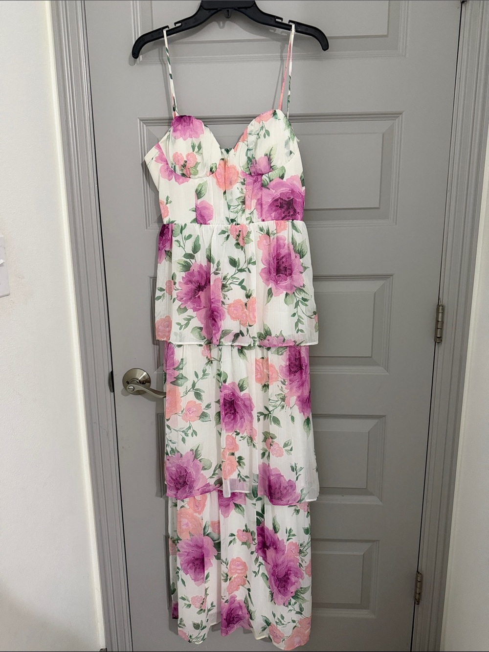 White Floral Tiered Maxi Dress with Pink & Purple Blooms